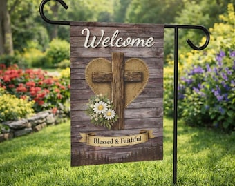 Rustic Christian Garden Flag Welcome Cross Burlap Heart Farmhouse Yard Flag Blessed & Faithful Religious Outdoor Decor