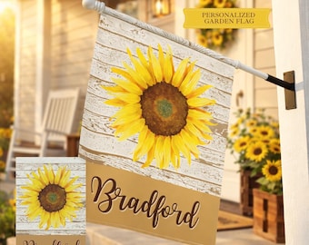 Personalized Sunflower Garden Flag, Custom Name Outdoor Flag, Rustic Farmhouse Yard Decor, Summer Porch Decor, Housewarming Gift