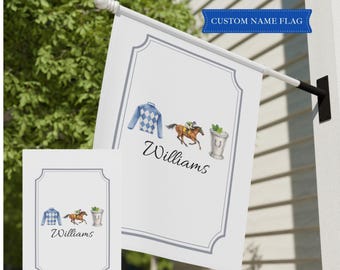 Personalized Derby Garden Flag, Kentucky Derby Decor, Horse Racing Porch Flag, Custom Last Name Banner, Southern Porch Decor, Mint Julep