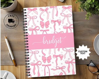 Personalized Pink Coquette Bow Journal and Notebook - Custom Spiral Notepad, Cute Customized Girly Stationery Diary Gift for Teacher and her