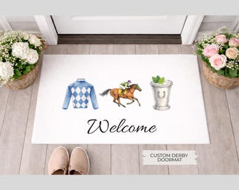 Derby Kentucky Watercolor Welcome Rug, Personalized Horse Racing Doormat, Custom Kentucky Derby Porch Rug, Jockey Silks & Mint Julep Mat
