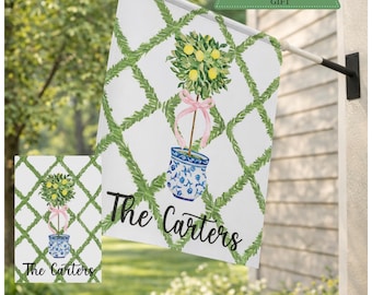 Personalized Garden Flag-Custom Family Name Flag, Chinoiserie Topiary Preppy Decor, Blue White Outdoor Yard Flag, Housewarming Gift