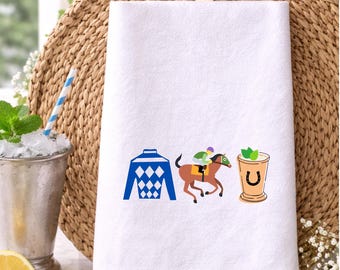 Derby in Kentucky Kitchen Towel for Hostess Gift, Kentucky Derby Decor Horse Racing Enthusiasts Tea Towel, Jockey Silks, and Mint Julep