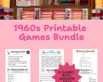 1960er Jahre Aktivitätspaket zum Ausdrucken -Retro 60er Jahre Trivia, Musiktext-Spiel und Wortsuche, Memory & Matching-Spiele
