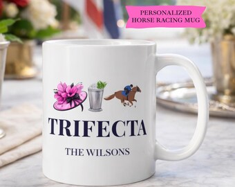 Personalized Kentucky Derby Mug | Custom Trifecta Coffee Cup | Derby Party Hostess Gift | Family Name Horse Racing Mug | 11oz 15oz