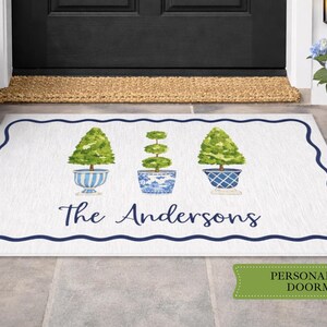 Personalized Welcome Mat | Blue Chinoiserie Topiary Doormat | Custom Name Entry Mat | Indoor Outdoor Chenille Rug