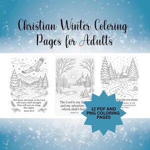 Pode incluir: Páginas para colorir de inverno cristãs para adultos. A imagem apresenta três páginas para colorir em preto e branco com cenas de inverno, incluindo uma águia, uma igreja e um caminho nevado. O texto inclui versículos bíblicos e "12 páginas para colorir PDF e PNG."