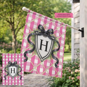 Custom Monogram Garden Flag, Pink Gingham Yard Flag, Personalized Outdoor Decor, Double Sided Spring Flag