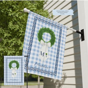 Monogram Wreath Garden Flag- Personalized Outdoor Yard Flag with Gingham 12x18 & 24.5x32 | Custom Initial Seasonal Door Decor