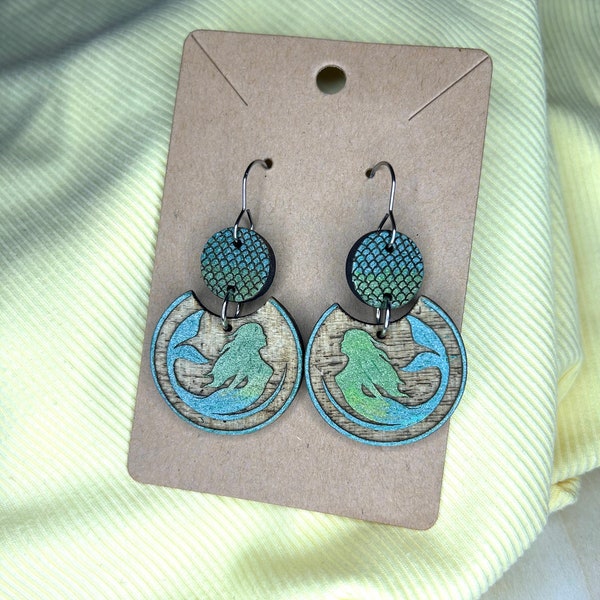 Mermaid earrings, ocean earrings, beach earrings, Boho style earrings, wooden earrings, turquoise wooden, gift for her, handmade jewelry