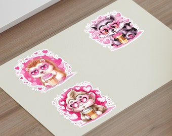 Stickers pink love struck animals in heart shaped glasses and hearts in the background,raccoon hedgehog llama monkey stickers stationery