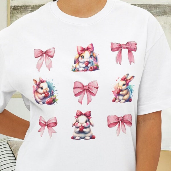 Coqueta estilo estético conejito arco camisa regalo para ella, rosa frambuesa de gran tamaño t-shirt
