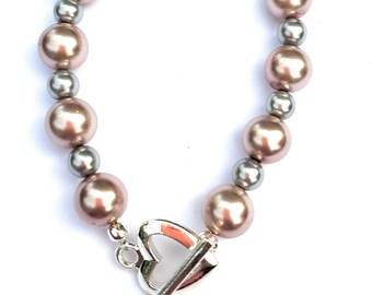 Handmade Beaded Bracelet with Gray and Pink Faux Pearls with a Silver Heart Toggle
