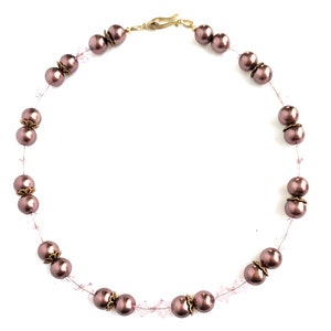 Handmade Beaded Necklace of Round Mauve Faux Pearls, Pink Bicone Crystals, Gold Spacer Beads with a Gold Hook and Eye Clasp