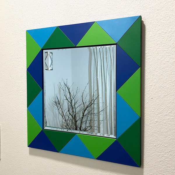 Spring Lake | Tile Mirror | Triangles | Beveled | Handmade USA | Wall Art | Home Decor | Accent Mirror | Custom | Blue Green | Color Blocks