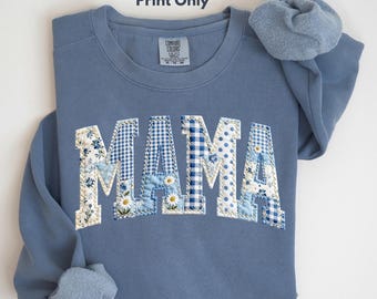 Comfort Colors Mama Blue Toile Patchwork Floral Sweatshirt, Expecting Mom Gift, Mama Crewneck