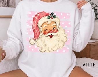 Sudadera retro de Papá Noel, suéter rosa de Feliz Navidad, regalo de Papá Noel, sudadera rosa vintage navideña de cuello redondo, regalo familiar de Navidad