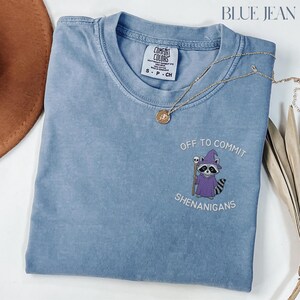 May include: A blue jean colored t-shirt with the text "OFF TO COMMIT SHENANIGANS" and a raccoon graphic wearing a wizard hat and holding a staff. A gold necklace is draped across the shirt.