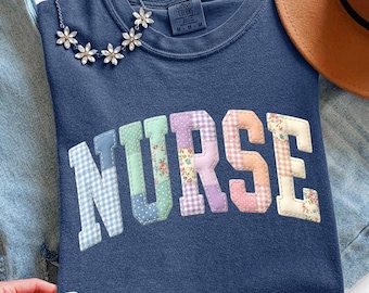Comfort Colors Floral Nurse Shirt, Faux Patchwork Nursing T-shirt, Nurse Graduation Gift, RN Tee