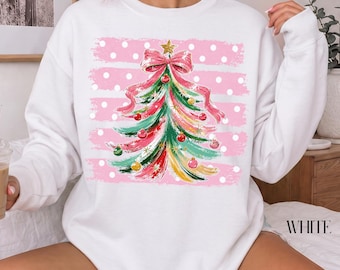 Sudadera Couette con árbol de Navidad, suéter retro rosa de Feliz Navidad, regalo de Navidad a rayas, sudadera vintage navideña de cuello redondo, lindo regalo navideño para la familia