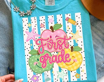 Striped First Grade Teacher Shirt, Back To School Gift, Apple Stripes 1st Grade Teacher T-shirt, First Grade Tee