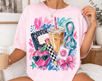 Preppy Teacher Shirt, Back To School Gift, Watercolor Iced Coffee Sublimation Tshirt, Trendy Teach Tee