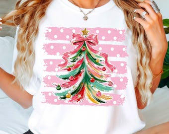 Camiseta Couette con árbol de Navidad, camiseta retro rosa de Feliz Navidad, regalo navideño a rayas, camiseta navideña vintage, bonito regalo navideño para la familia