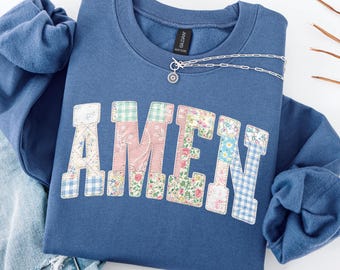 Amen Faux Quilted Sweatshirt, Religious Sweater, Christian Apparel Gift, Jesus Crewneck