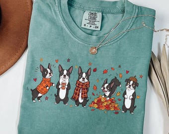 Fall Boston Terrier Shirt, Boston Mom Gifts, Doodle Autumn Boston Terrier Tshirt, Pet Owner Gift, Boston Terrier Lover Tee