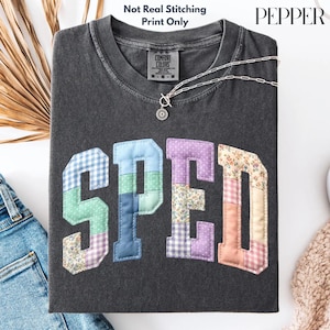 May include: Dark gray Comfort Colors t-shirt with the word "SPED" in patchwork letters. The letters are in various pastel colors and patterns. A silver necklace with a pendant is draped across the shirt. The text "Not Real Stitching Print Only" is above the shirt.