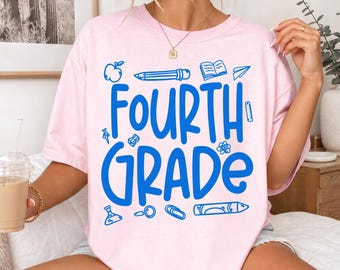 Preppy Fourth Grade Teacher Shirt, Back To School Gift, School Doodles 4th Grade Teacher T-shirt, Fourth Grade Tee