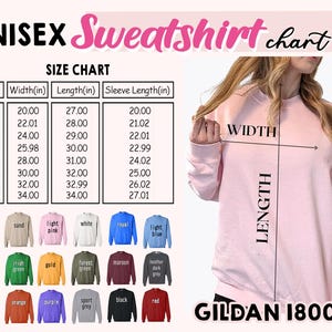 Puede incluir: Una sudadera unisex Gildan 18000 rosa claro con una tabla de tallas y una tabla de colores. La tabla de tallas muestra medidas en pulgadas para el ancho, el largo y el largo de la manga. La tabla de colores muestra varios colores de sudadera.