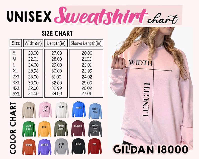 Puede incluir: Una sudadera unisex Gildan 18000 rosa claro con una tabla de tallas y una tabla de colores. La tabla de tallas muestra medidas en pulgadas para el ancho, el largo y el largo de la manga. La tabla de colores muestra varios colores de sudadera.