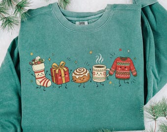 Sudadera Comfort Colors Christmas Morning Crew Doodle, acogedor regalo de Navidad de invierno, suéter navideño para amantes del café, regalo navideño para la familia