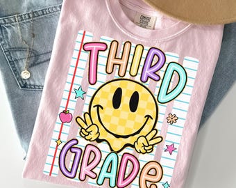 Striped Third Grade Teacher Shirt, Back To School Gift, Smiley Face 3rd Grade Teacher T-shirt, Third Grade Tee
