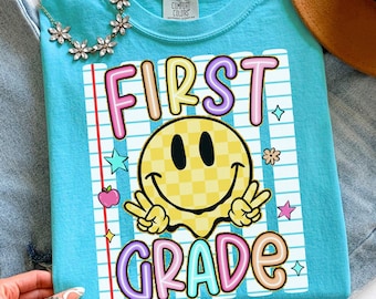 Striped First Grade Teacher Shirt, Back To School Gift, Smiley Face 1st Grade Teacher T-shirt, First Grade Tee