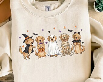 Sudadera de Halloween con diseño de Golden Retriever, regalo para mamás de Golden Retriever, suéter espeluznante para amantes de los perros, regalo para amantes de los Golden Retriever con diseño de Doodle, sudadera divertida con cuello redondo para mamás de Golden Retriever