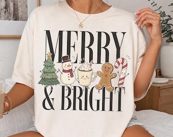 Camiseta Merry And Bright, Camiseta navideña con personajes de dibujos animados, Regalo de Feliz Navidad, Camiseta navideña retro, Regalo de temporada festiva