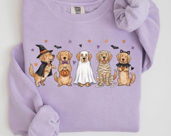 Sudadera Comfort Colors de Halloween con diseño de Golden Retriever, regalo para mamás de Golden Retriever, suéter espeluznante para amantes de los perros, sudadera divertida de cuello redondo para mamás de Golden Retriever