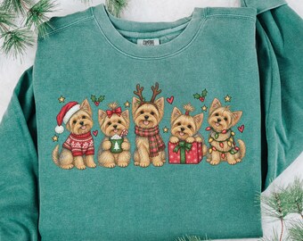 Comfort Colors Yorkie Christmas Sweatshirt, Doodle Yorkshire Terrier Sweater, Yorkie Lover Gift, Xmas Yorkie Mom Crewneck