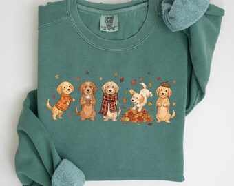 Sudadera Comfort Colors Fall Golden Doodle, regalo para amantes de los perros en otoño, suéter para mamás de Goldendoodle, regalo para amantes de las mascotas, sudadera Goldendoodle de cuello redondo