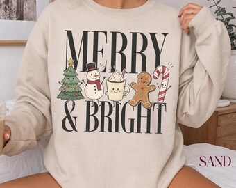 Sudadera Merry And Bright, suéter navideño con personajes de dibujos, regalo de Feliz Navidad, sudadera navideña retro, regalo de temporada festiva