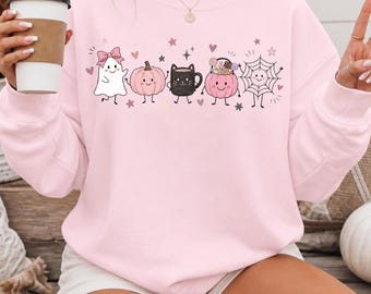 Girly Halloween Sweatshirt, Cozy Fall Gift, Doodle Halloween Sweater, Pumpkin Lover Gift, Cute Ghost Crewneck
