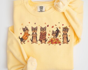 Sudadera Comfort Colors Fall Yorkie, regalo para mamás de Yorkshire Terrier, suéter para amantes de los perros de Acción de Gracias, regalo para Doodle Yorkshire Terrier, sudadera Yorkie de cuello redondo