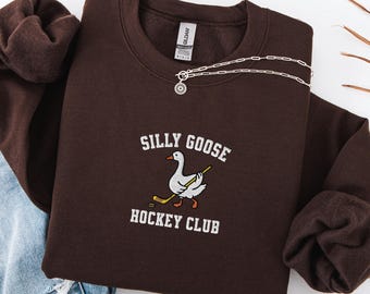 Embroidered Silly Goose Hockey Sweatshirt, Game Day Mom Gift, Hockey Lover Crewneck