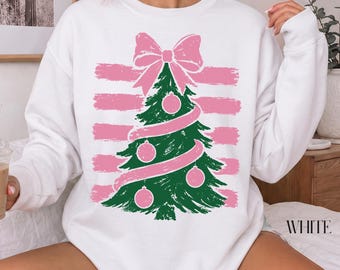 Sudadera con rayas y árbol de Navidad, suéter retro rosa de Feliz Navidad, regalo de Navidad de Couette, sudadera vintage navideña de cuello redondo, lindo regalo familiar de Navidad