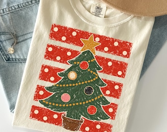 Camiseta con árbol de Navidad, camiseta retro de Feliz Navidad, regalo de Navidad a rayas, camiseta navideña vintage, regalo familiar de Navidad