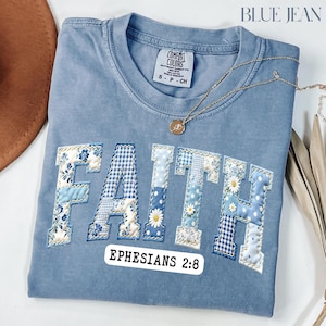 Blue Toile Faith Shirt, Christian Apparel Gift, Bible Verse Faux Patchwork T-shirt, Religious Tee