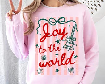 Joy To The World Sweatshirt, Striped Xmas Sweater, Christian Holiday Gift, Faith Xmas Crewneck, Festive Season Gift
