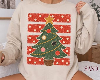 Sudadera con árbol de Navidad, suéter retro de Feliz Navidad, regalo de Navidad a rayas, sudadera navideña vintage con cuello redondo, regalo familiar de Navidad